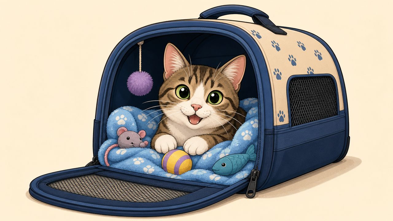 A cute tabby kitten with big green eyes sitting happily inside a blue pet carrier with toys.