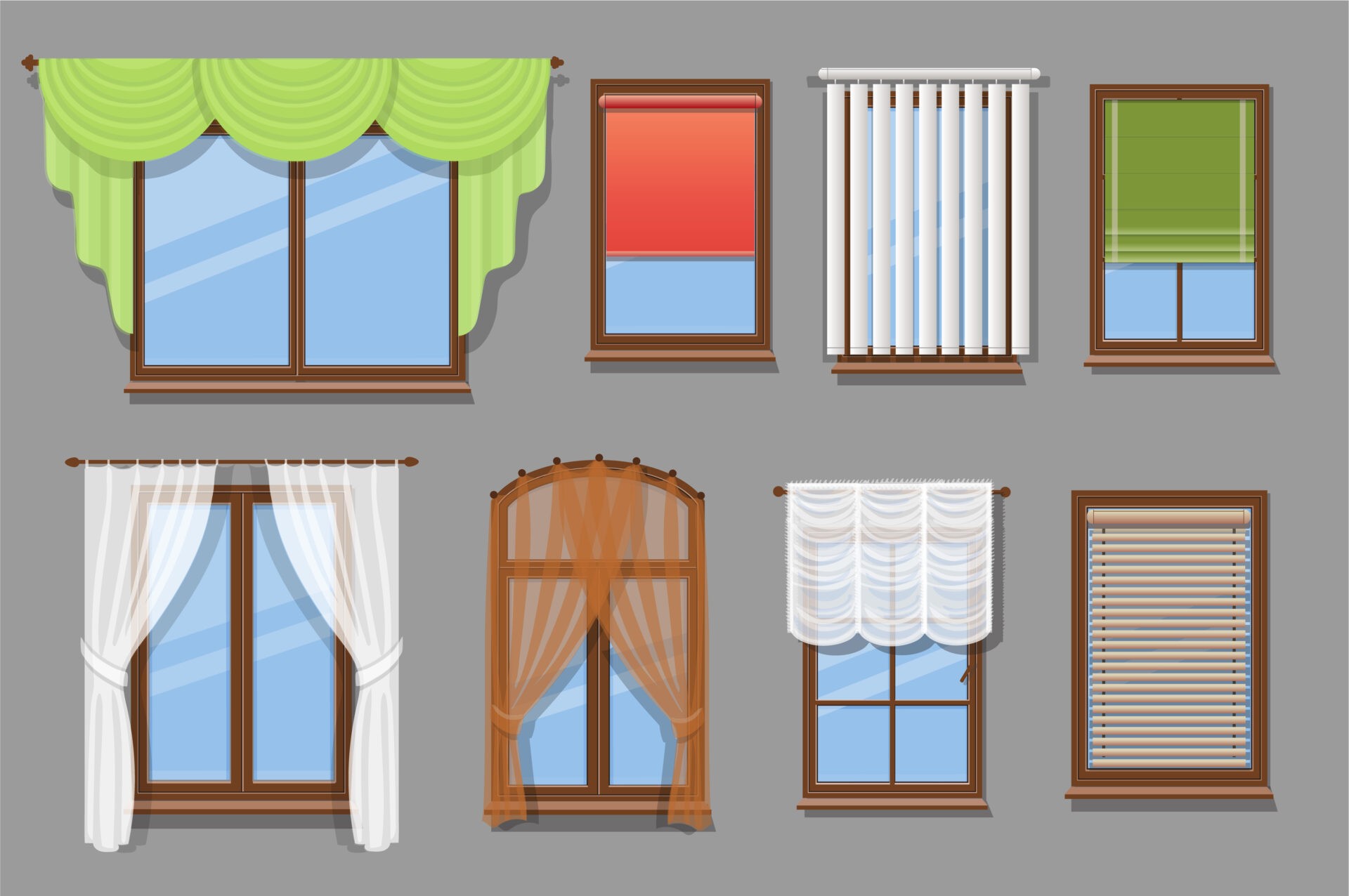 Illustration of various window treatments and types of window blinds, drapes and shades.