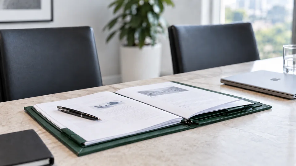 An open implementation proposal and pen on a stone meeting table