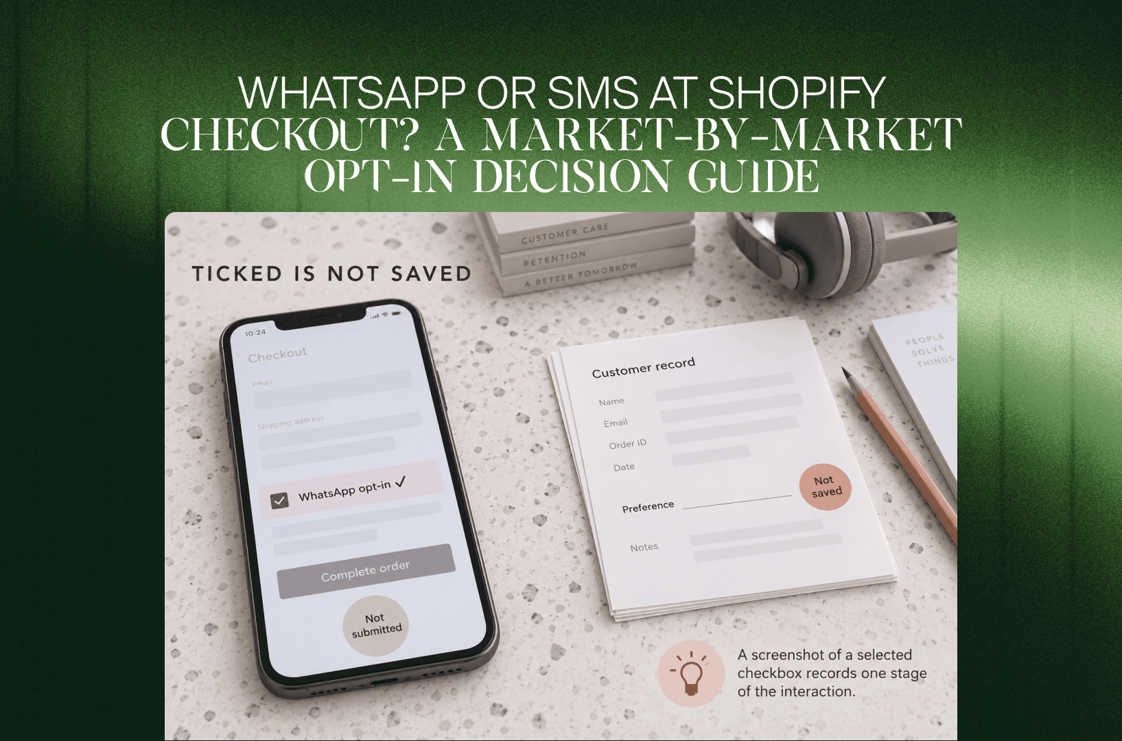 Smartphone mit angehaktem WhatsApp-Opt-in im Shopify-Checkout neben einem Kundendatensatz ohne gespeicherte Präferenz