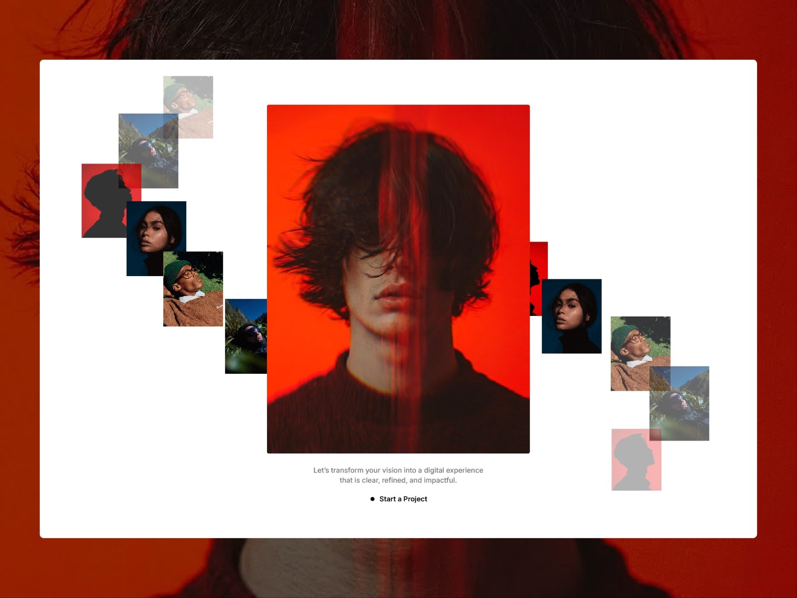 Portfolio section design featuring a central portrait surrounded by an arched gallery of various image thumbnails.