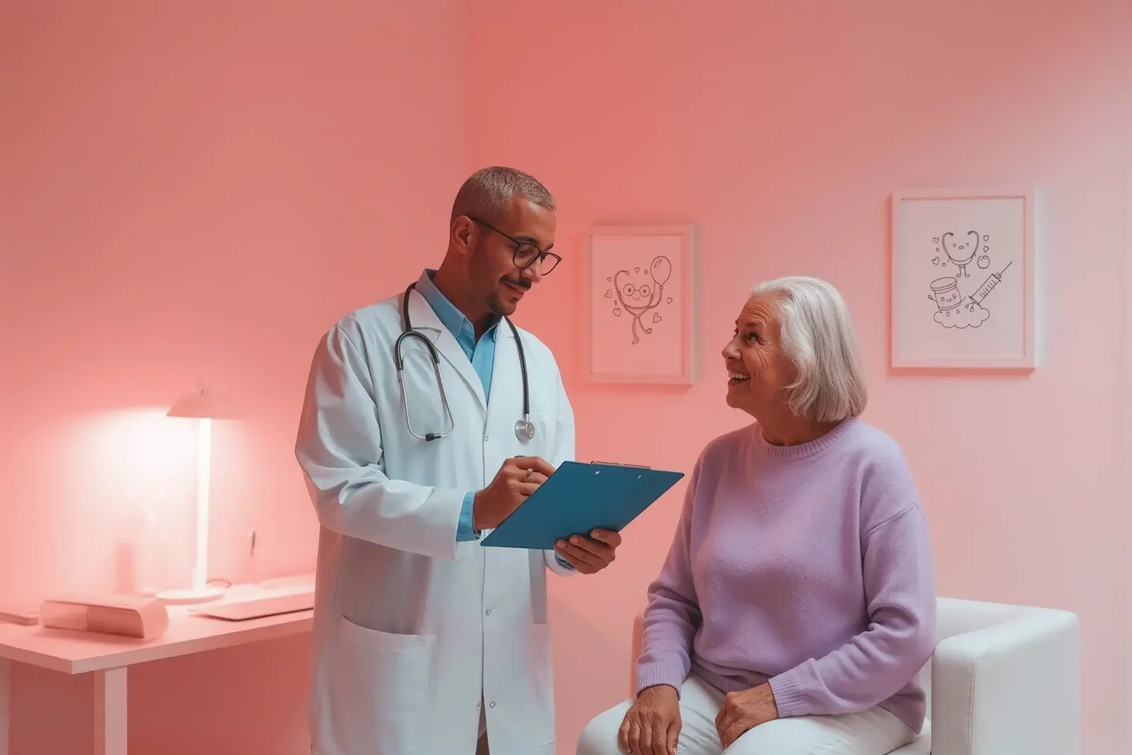 Doctor consulting with an older patient in a warmly lit clinic, representing Synapti Health’s value based healthcare training approach focused on personalized, outcomes-driven patient communication.