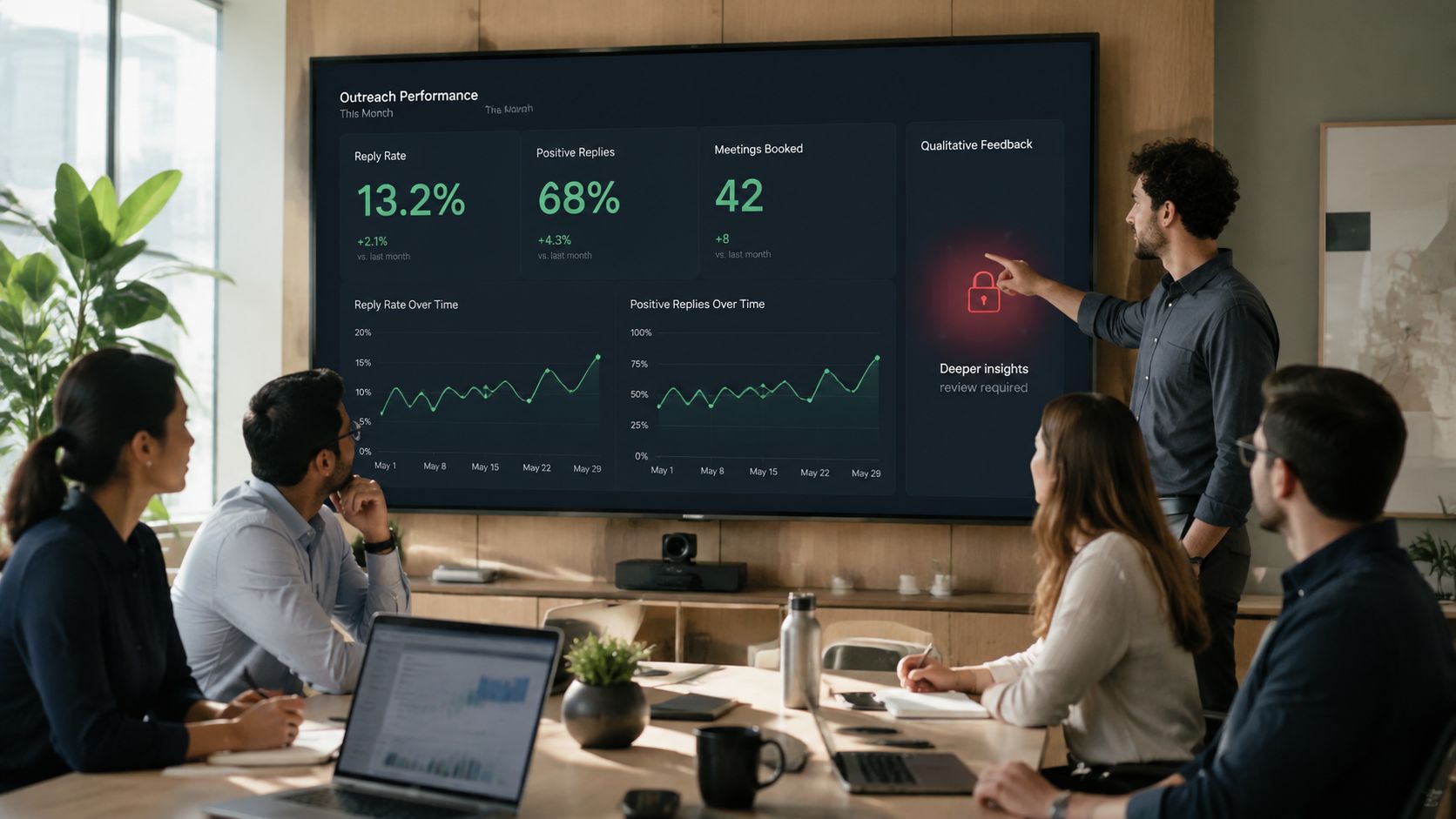 A professional team in a conference room reviewing outreach performance data on a large digital screen.