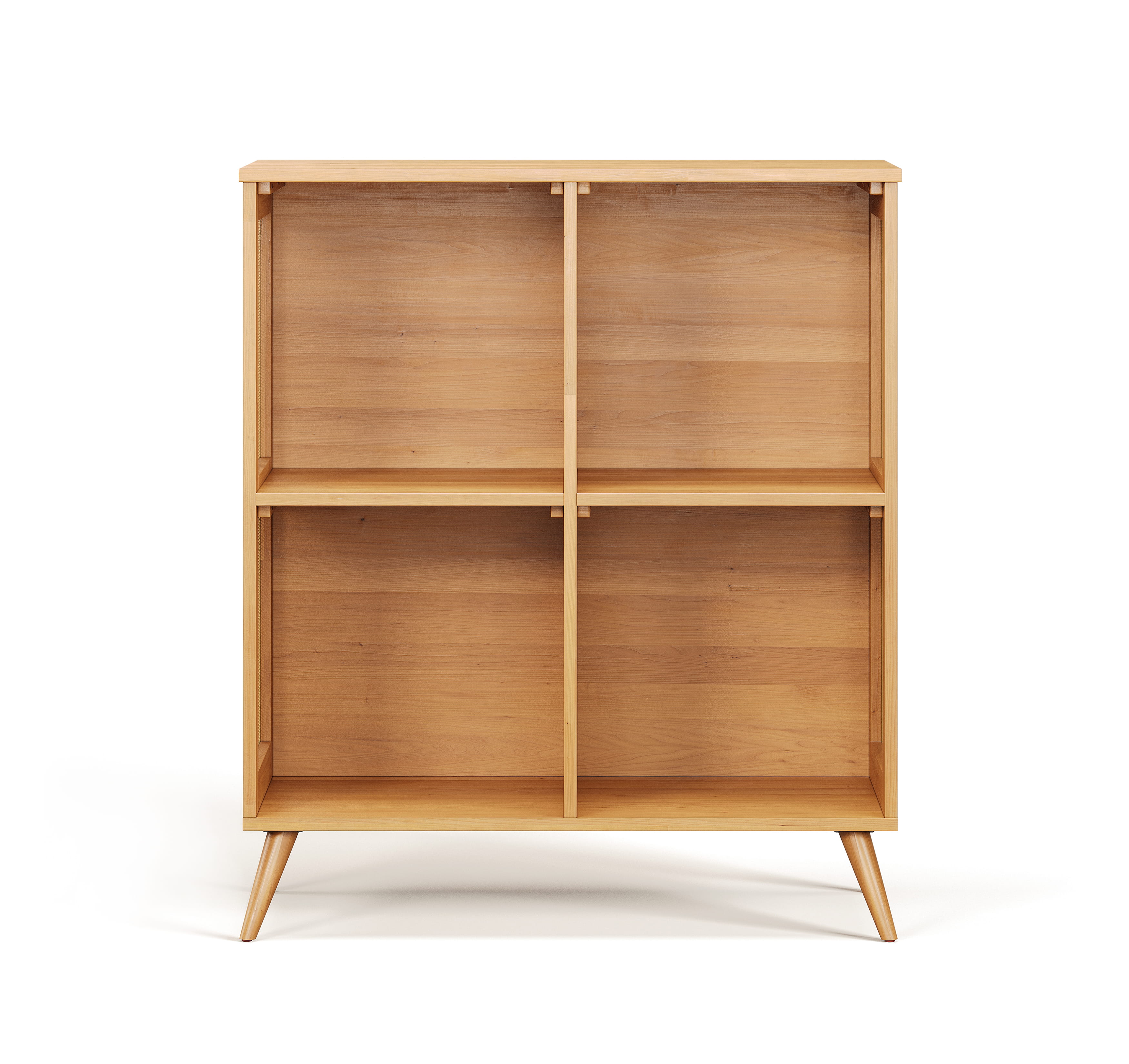Front view 3D render of wooden cabinet with open shelves and rattan panel sides