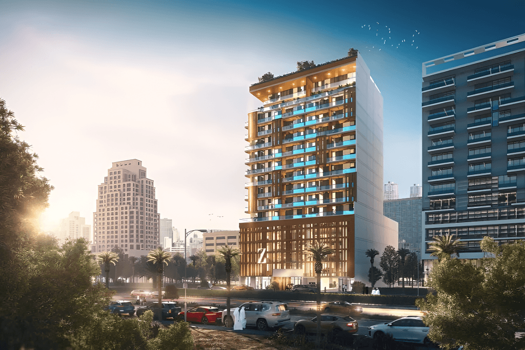 Elegant exterior of Rose Gold Residences featuring modern architecture and lush landscaping under a clear blue sky.