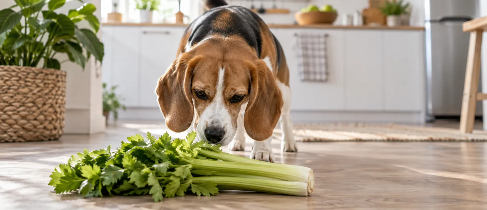 A Beagle sniffs a bundle of celery stalks on the kitchen floor.