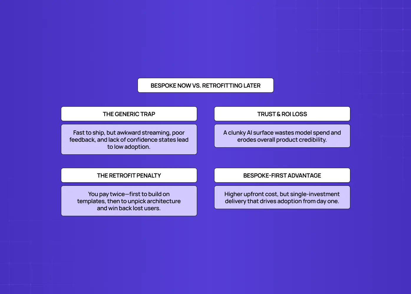 Compares the risks of generic UI, including poor streaming and feedback, with the benefits and costs of designing AI experiences specifically from the start.