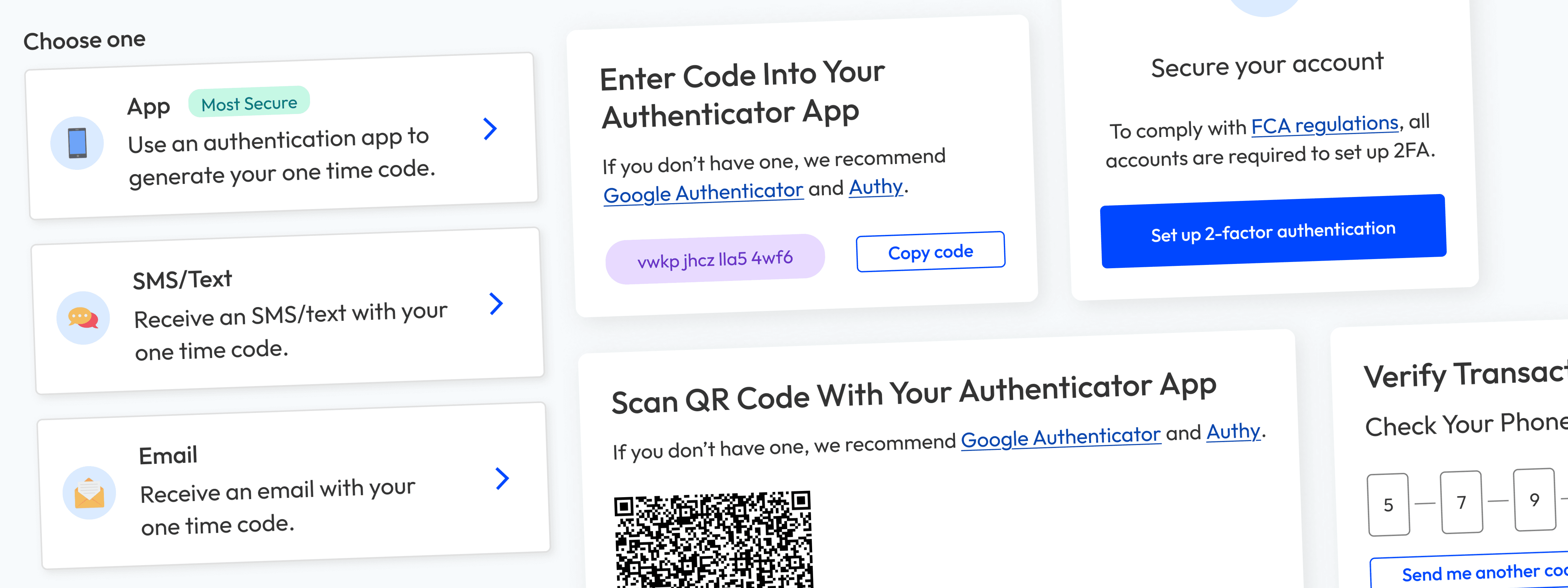 Screenshots of the final designs for mandatory two factor authentication.