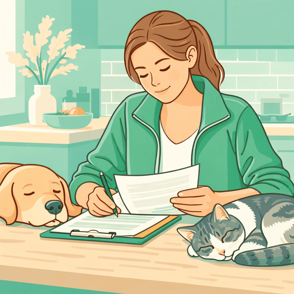 A professional pet sitter reviewing paperwork at a kitchen table while a calm dog and cat rest nearby, warm natural light, modern home interior, subtle feeling of responsibility and care, no text, no logos, realistic but slightly softened photography style, shallow depth of field, neutral color palette, professional and trustworthy tone