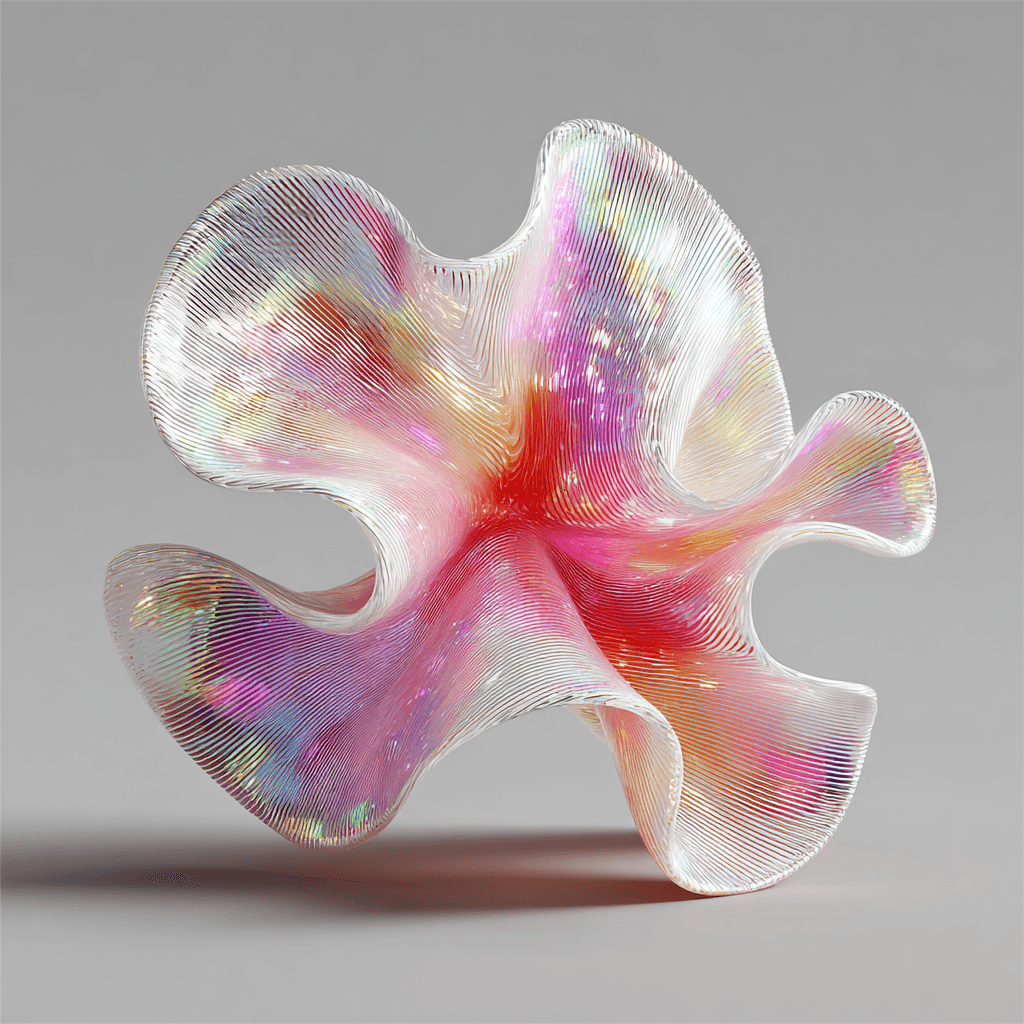 A flowing 3D abstract sculpture made of thin iridescent ribbons, with shimmering rainbow colors and dynamic folded shapes on a gray background.