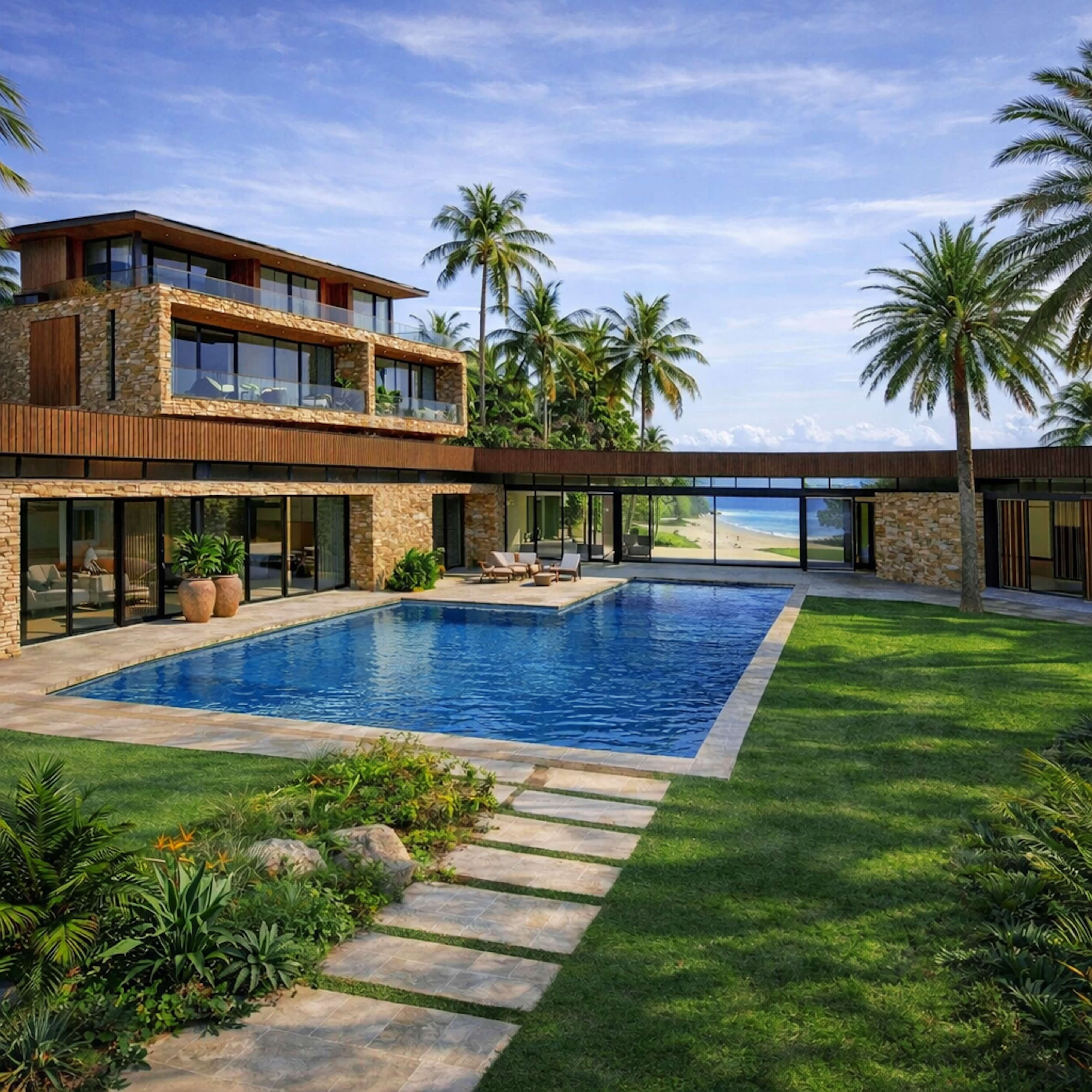 Modern coastal home with stone and wood exterior, large courtyard pool, tropical landscaping, and ocean view beyond.