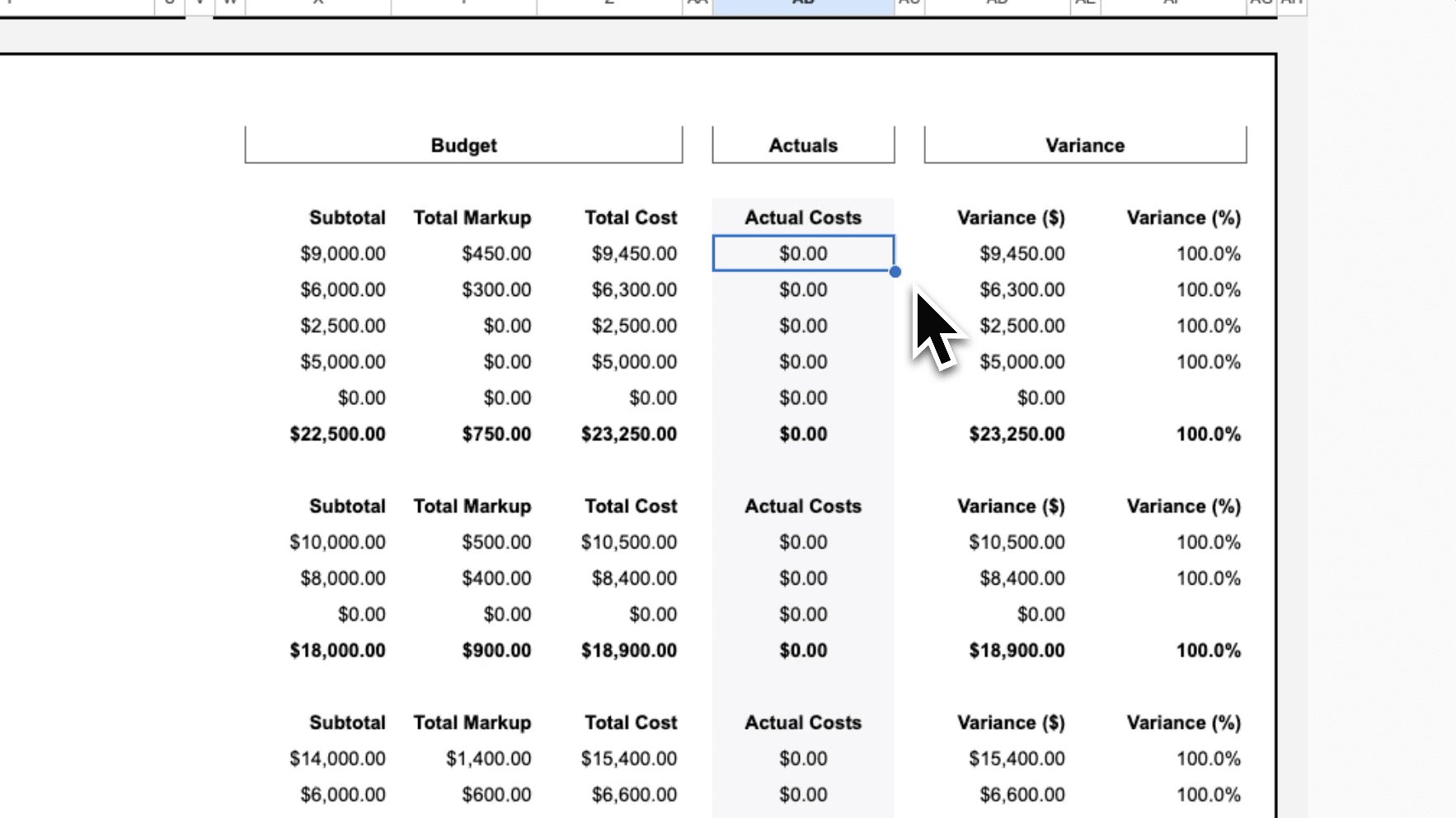 Google Sheets construction job costing expense log – track date, division, vendor/payee, cost, and notes with dropdowns for General Conditions and Superintendent
