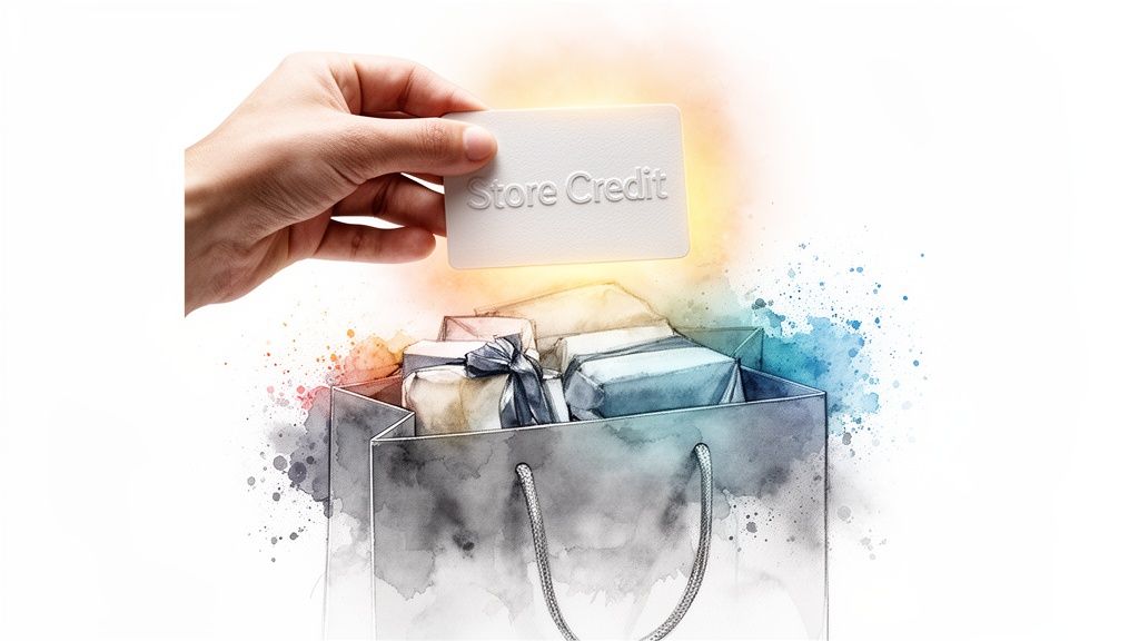A hand holds a 'Store Credit' card above a shopping bag full of gift boxes in a watercolor style.
