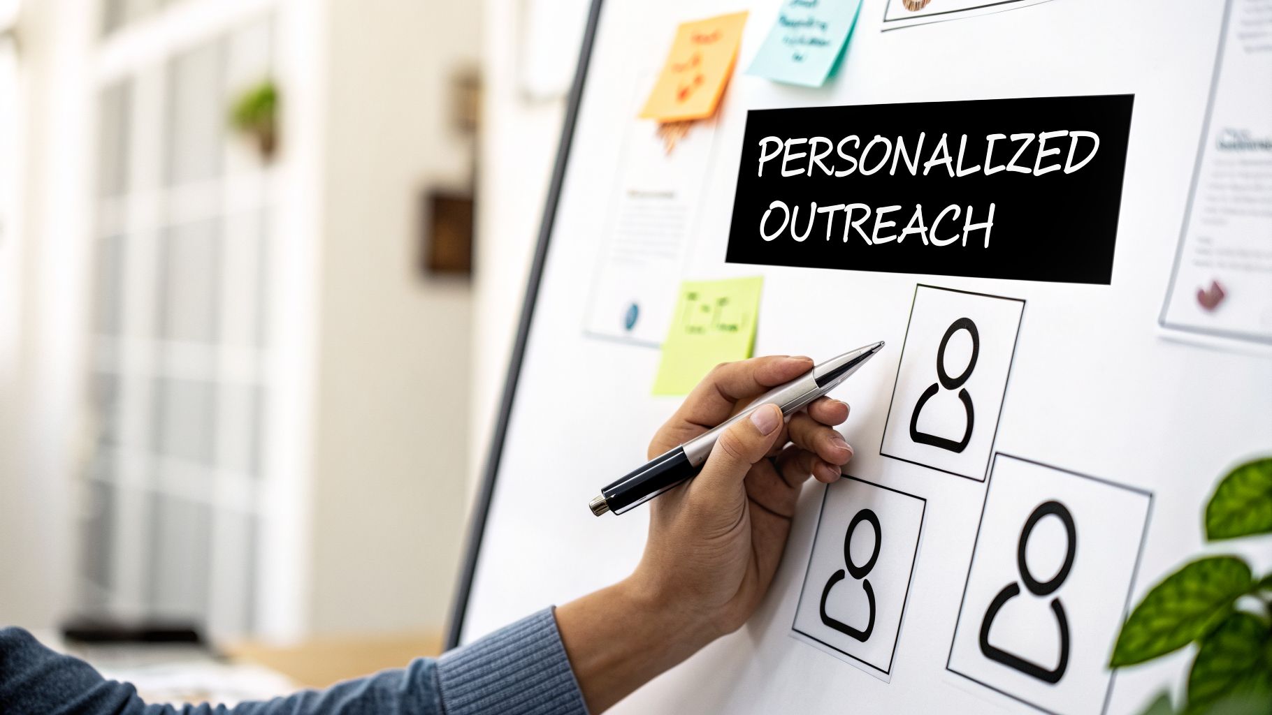 A hand holding a pen points to a whiteboard displaying 'PERSONALIZED OUTREACH' and person icons.