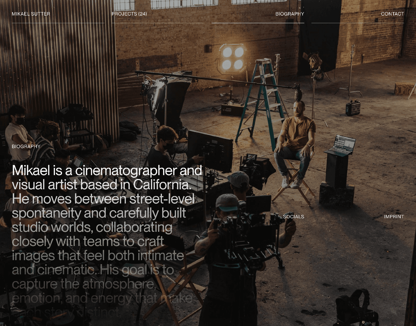 Mikael Sutter cinematographer site with a film-set photo and a biography introducing him as a California-based cinematographer and visual artist.