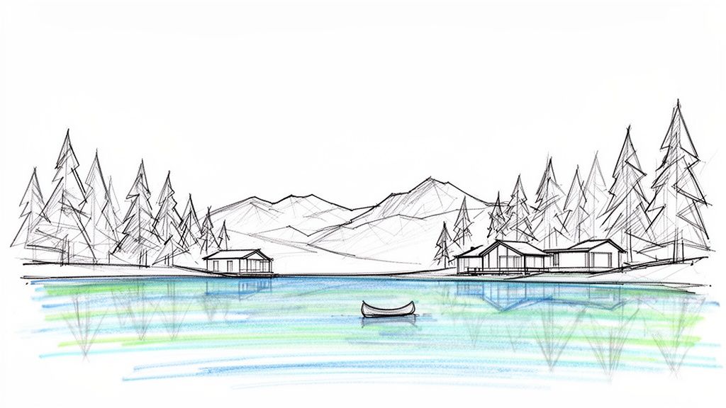 A hand-drawn sketch of a serene lake landscape with mountains, pine trees, cabins, and a canoe.