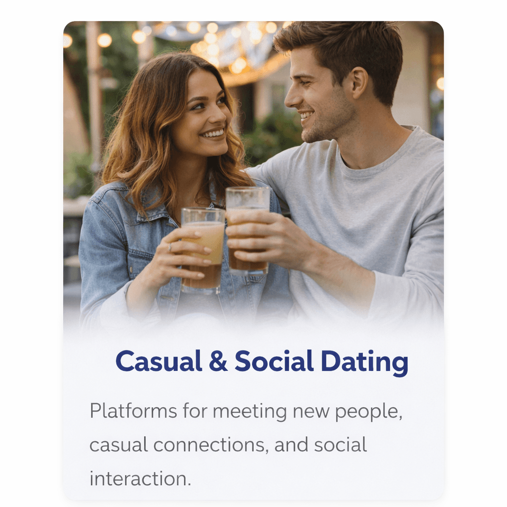 A cheerful, relaxed couple smiling and clinking amber cocktail glasses on an outdoor patio lit by string lights, perfectly illustrating the 'Casual & Social Dating' theme.