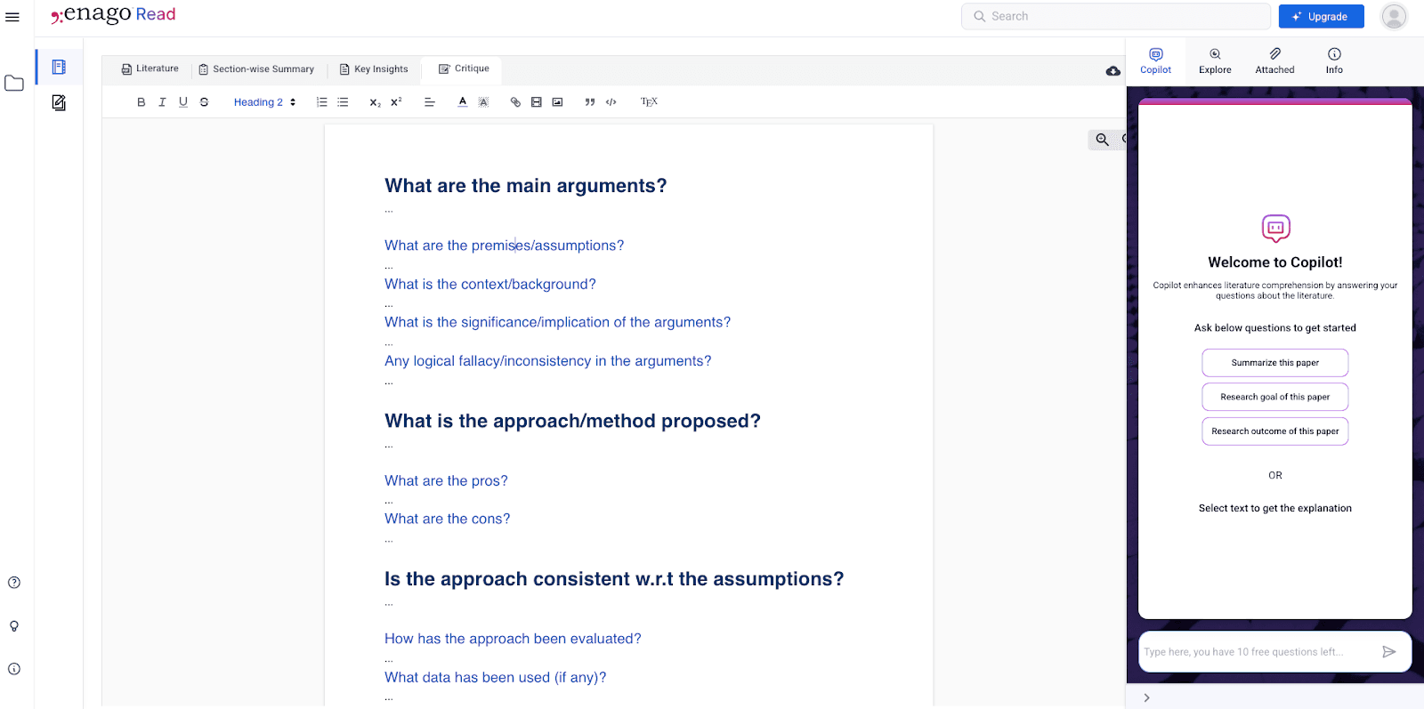 Screenshot of Enago Read’s critique template with guiding questions and the Copilot panel for summarization and research queries.