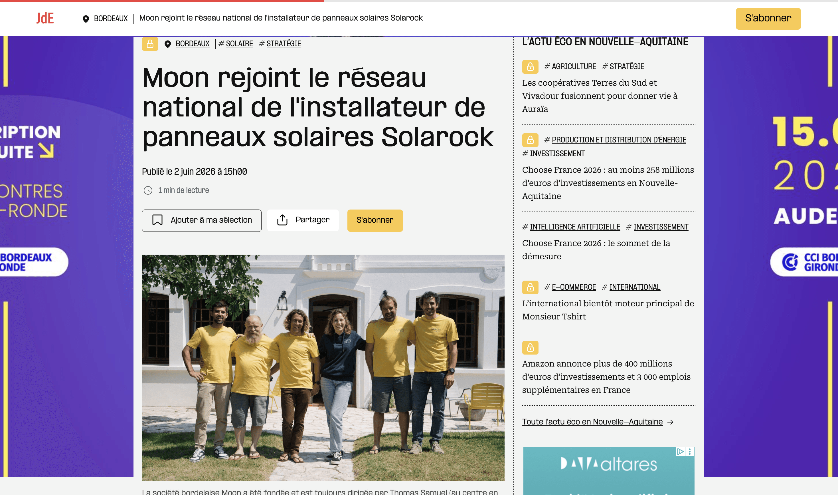 Photo du journal des Entreprises qui a fait un article sur Solarock suite à l'annonce de son nouveau powered by, Moon Énergie