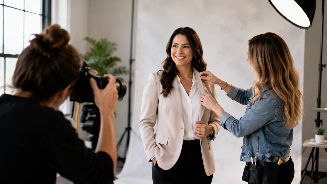 A real estate agent during a professional branding photoshoot in a modern studio.