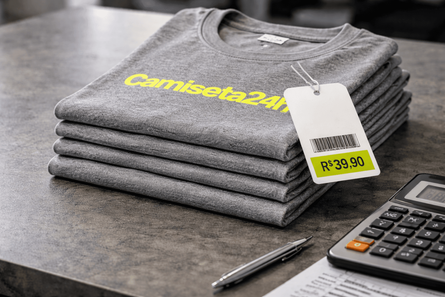 Camisetas personalizadas com etiquetas de preço e cálculo de orçamento em mesa