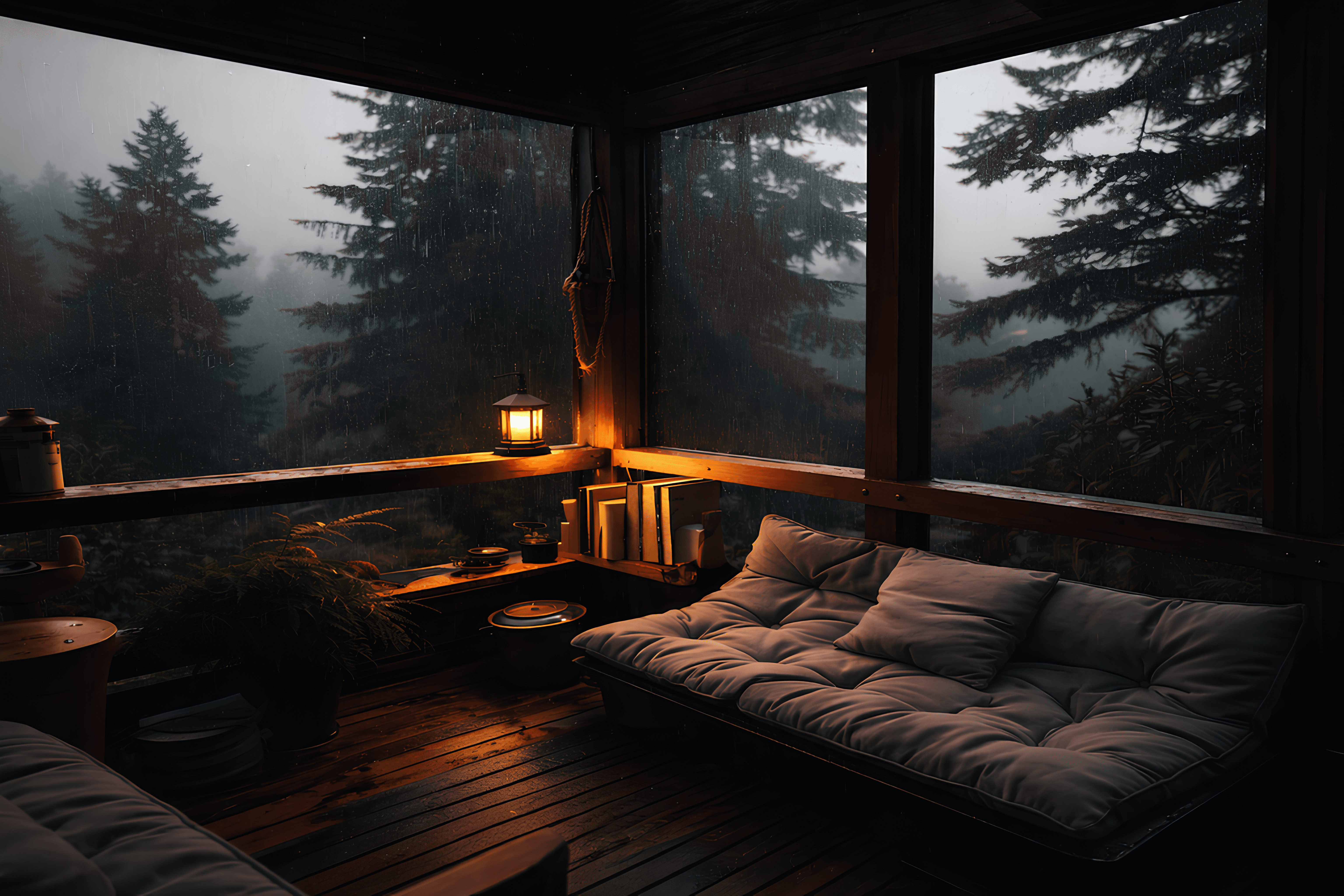 Cozy porch at dusk with plush seating and a warm lantern glow. Rain falls outside, shrouding tall pine trees in mist, creating a serene, tranquil mood.