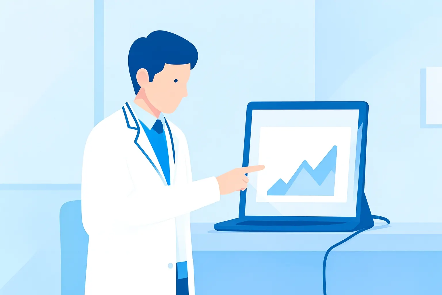 Doctor pointing at a laptop screen displaying website analytics.