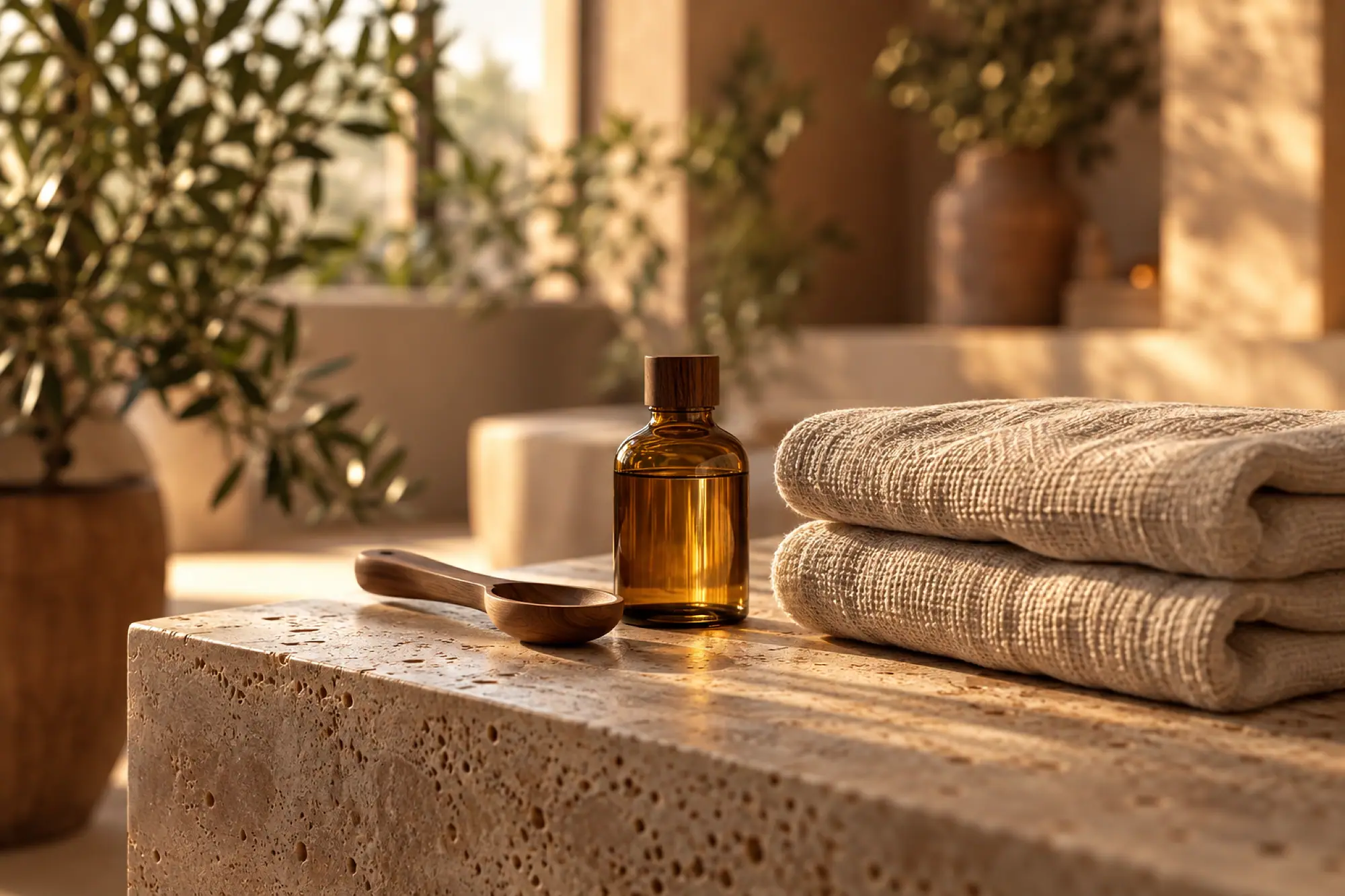 Folded linen towels and a small amber bottle of body oil on a travertine shelf