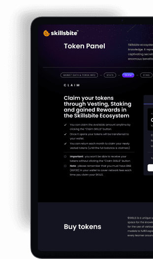 Detailed web interface of SKILLSBITE showing token panel for users to claim tokens through vesting and staking