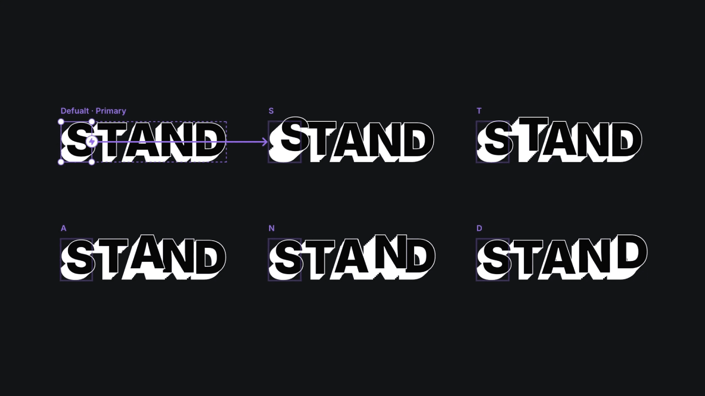 Component variants for 'STAND' text hover effect