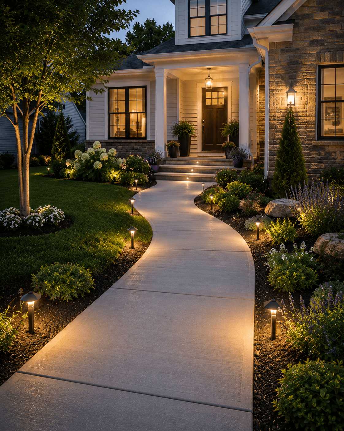 New concrete walkway and sidewalk at a Durham, NC home, installed by Concrete Hippo.