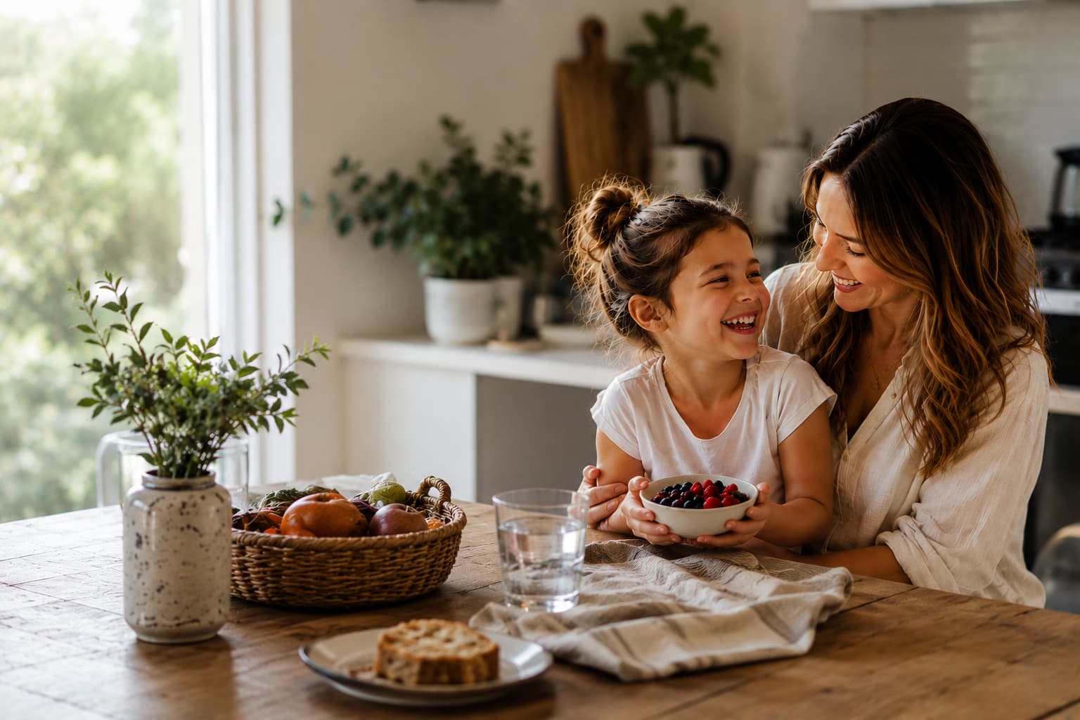 A smiling mother and her laughing daughter sit at a wooden table in a sunny kitchen, holding a bowl of berries.