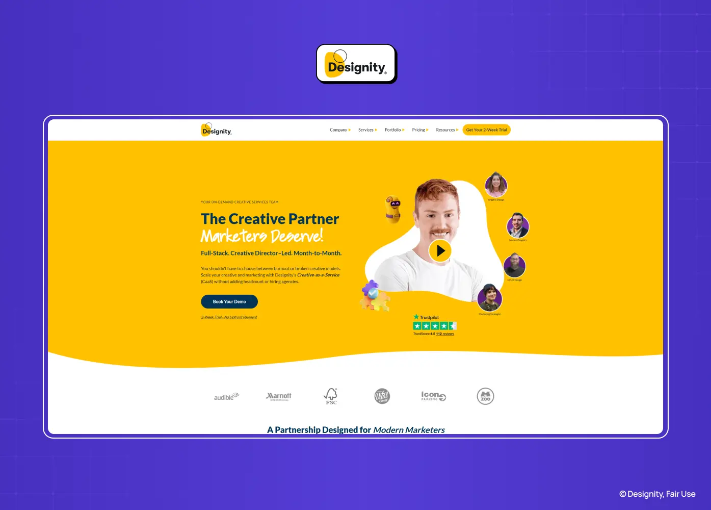 Homepage of Designity promoting creative-as-a-service with dedicated design teams and flexible monthly plans.