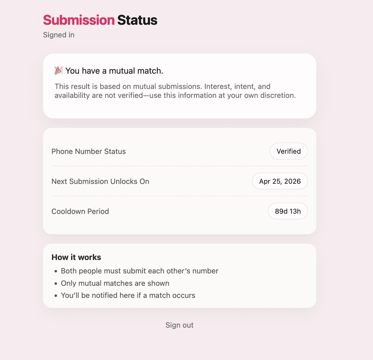 Submission status screen showing whether a mutual phone number match has been found