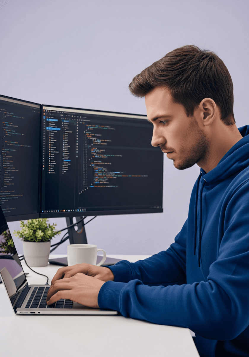 Focused young man coding on laptop and dual monitors in blue hoodie.