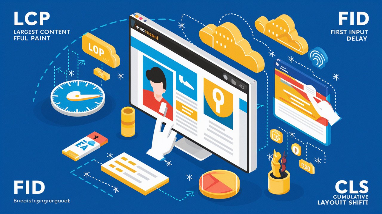 Create an illustration showing a website with key metrics (LCP, FID, CLS) highlighted. Include visuals like a fast-loading page, a user interacting with the site, and stable content layout.
