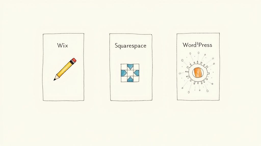 Three illustrations comparing website builders: Wix (pencil), Squarespace (pattern), and WordPress (gear icon).