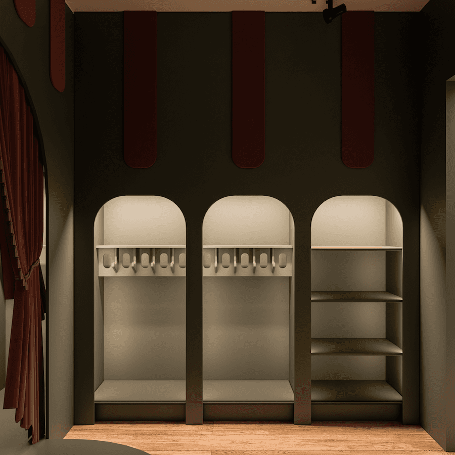 Rendering of arched dress-up closets with hanging rails and open shelving at Sandy Lane Kids Club