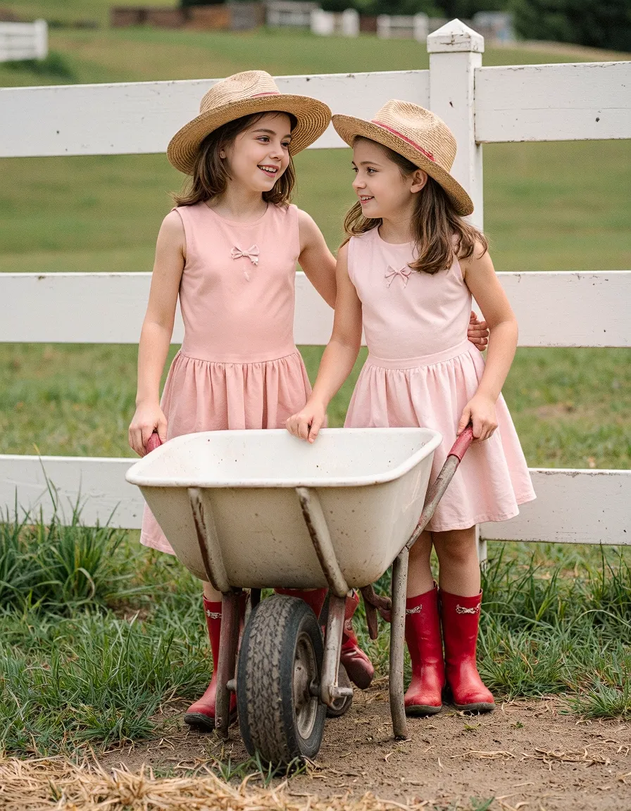 Two children in matching pink dresses and straw hats pushing a white wheelbarrow by a white fence, wearing bright red rain boots