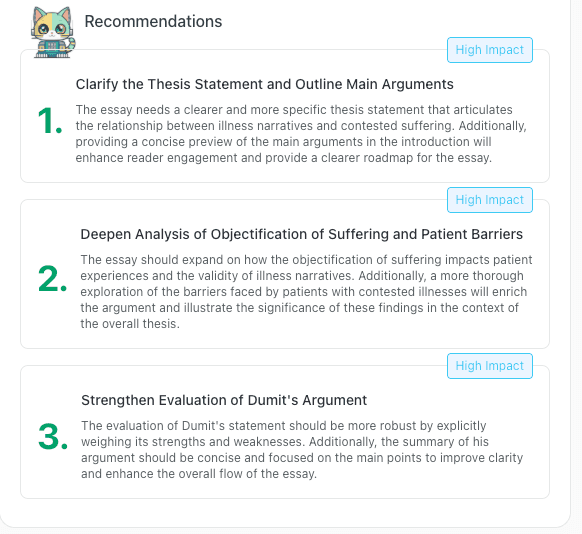 Screenshot of thesify's recommendations view listing three high-impact pre-submission suggestions to clarify the thesis, deepen analysis of suffering and patient barriers, and strengthen evaluation of Dumit’s argument.