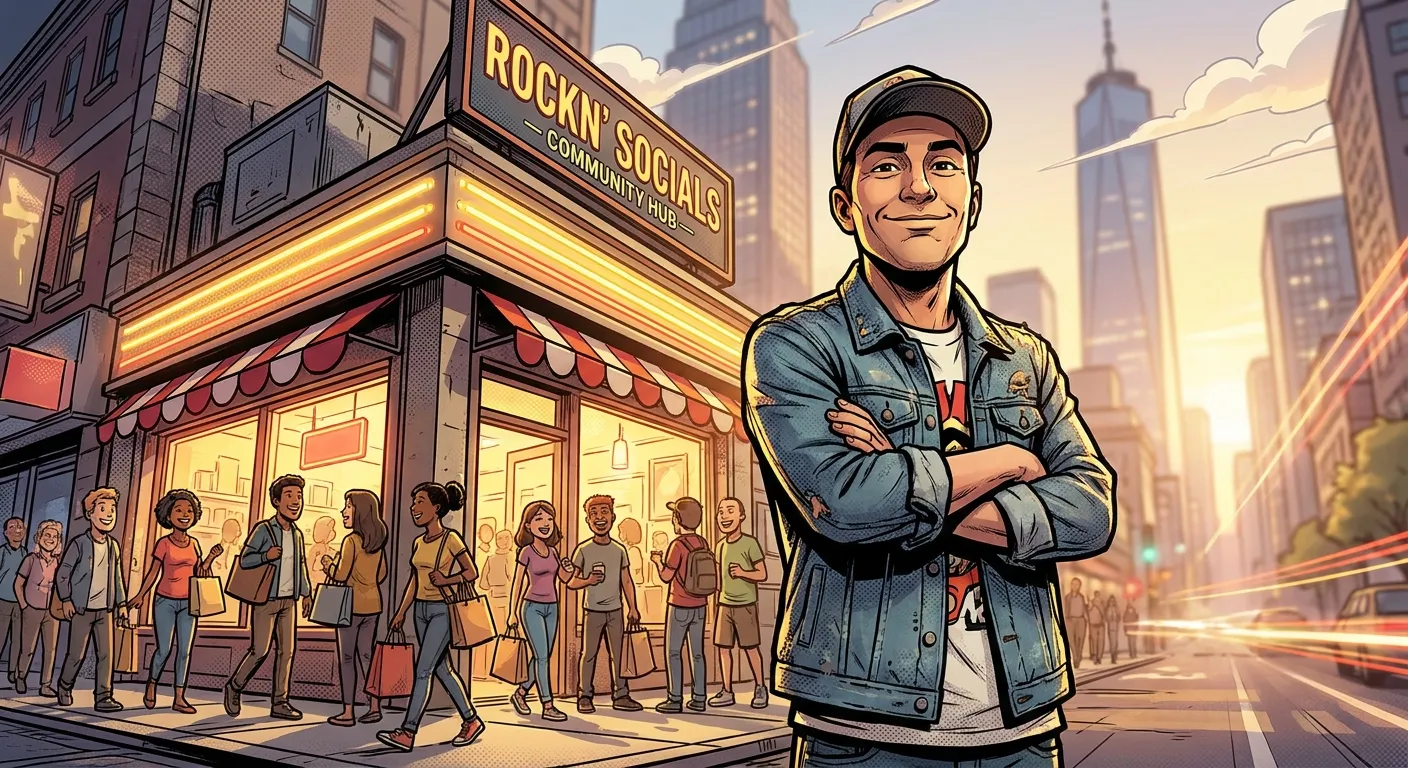 Illustration of RockN' Socials, a vibrant digital marketing agency hub.