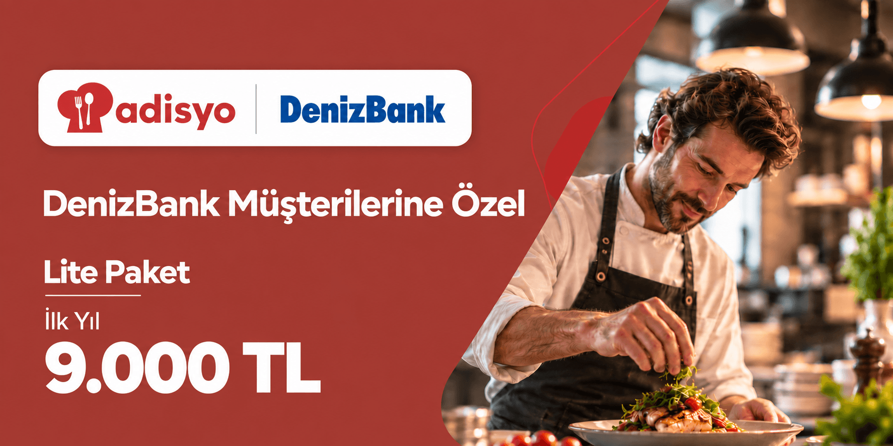 Adisyo ve DenizBank kampanyası: DenizBank müşterilerine özel Lite Paket ilk yıl 9.000 TL, tabak süsleyen şef