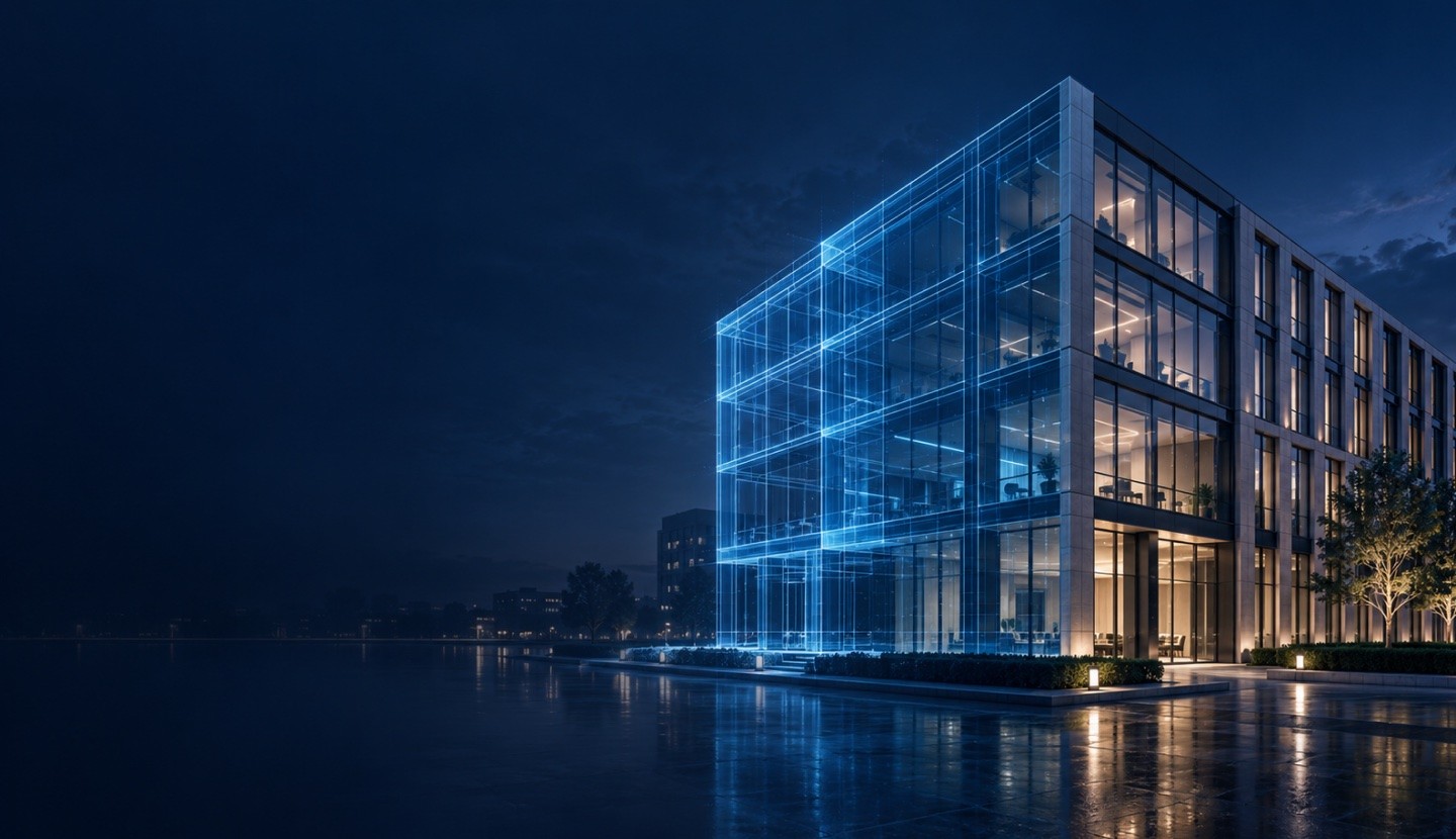 Office building at night with a glowing digital wireframe overlay
