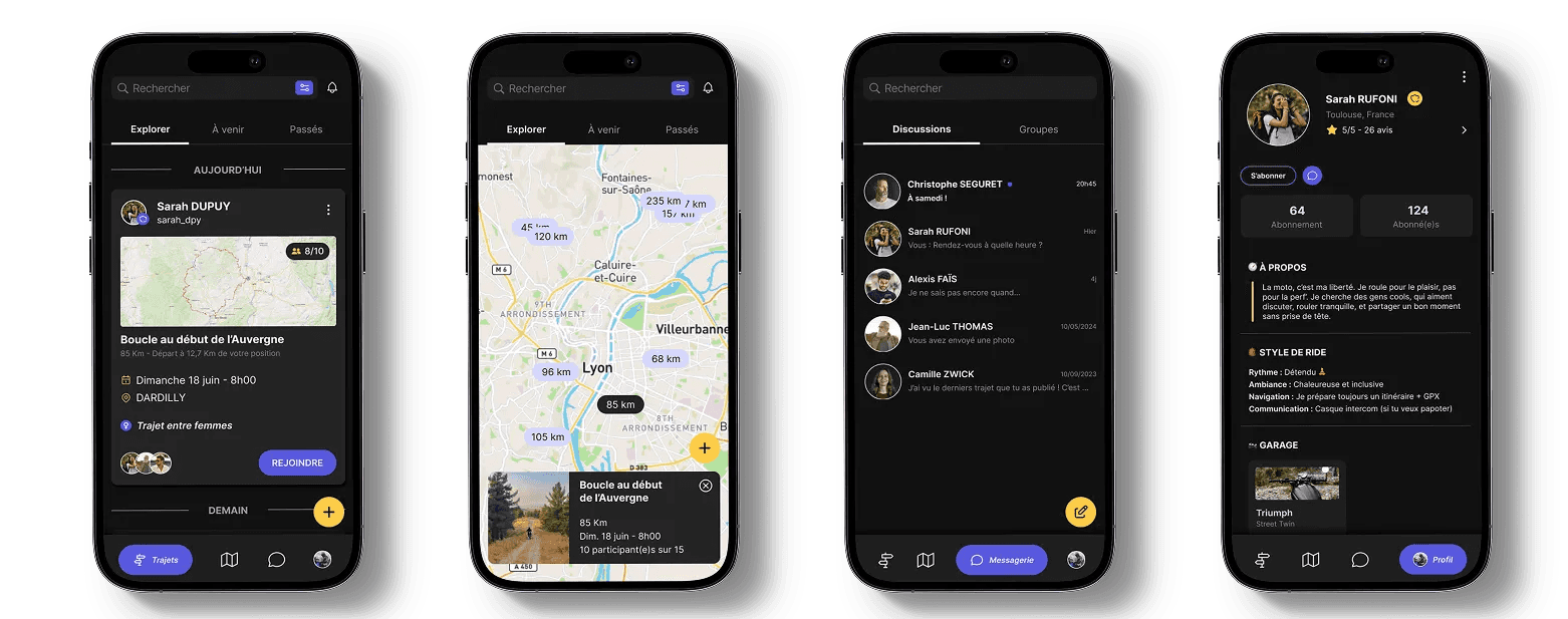 Capture d’écran de l’application moto On Wheels montrant la création et le partage de trajets.