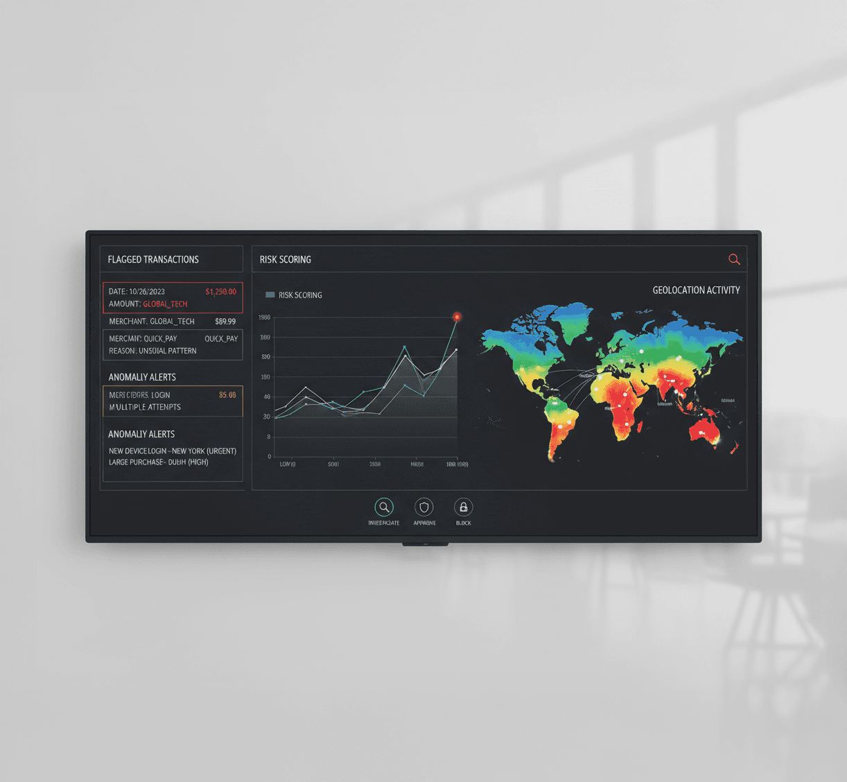 “Fraud monitoring dashboard with suspicious transaction alerts, anomaly flags, and risk scoring graph.”