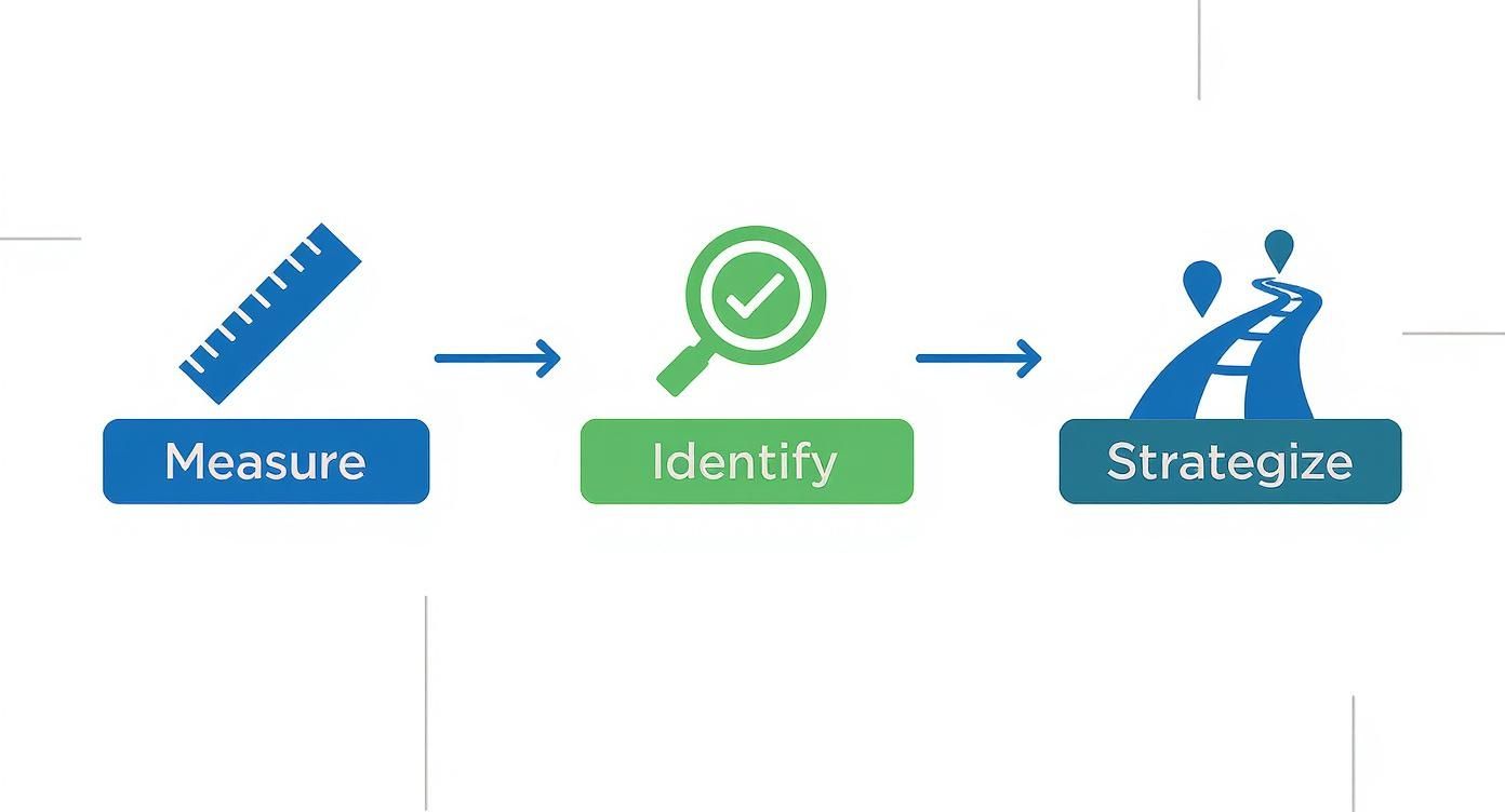 A three-step process: measure, identify, and strategize, illustrated with icons and arrows.