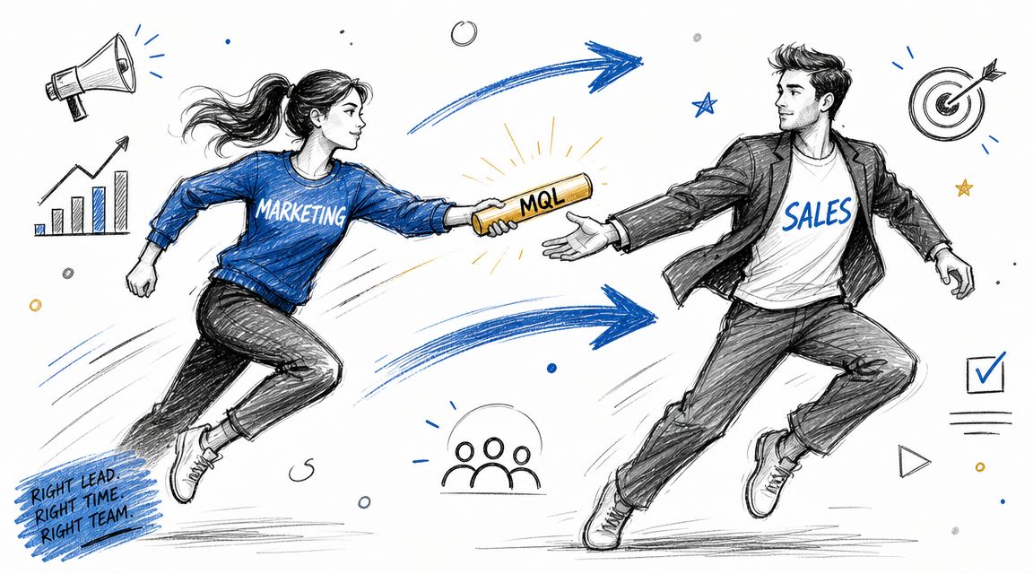 A marketing professional passing an MQL baton to a sales representative in a professional business concept sketch.