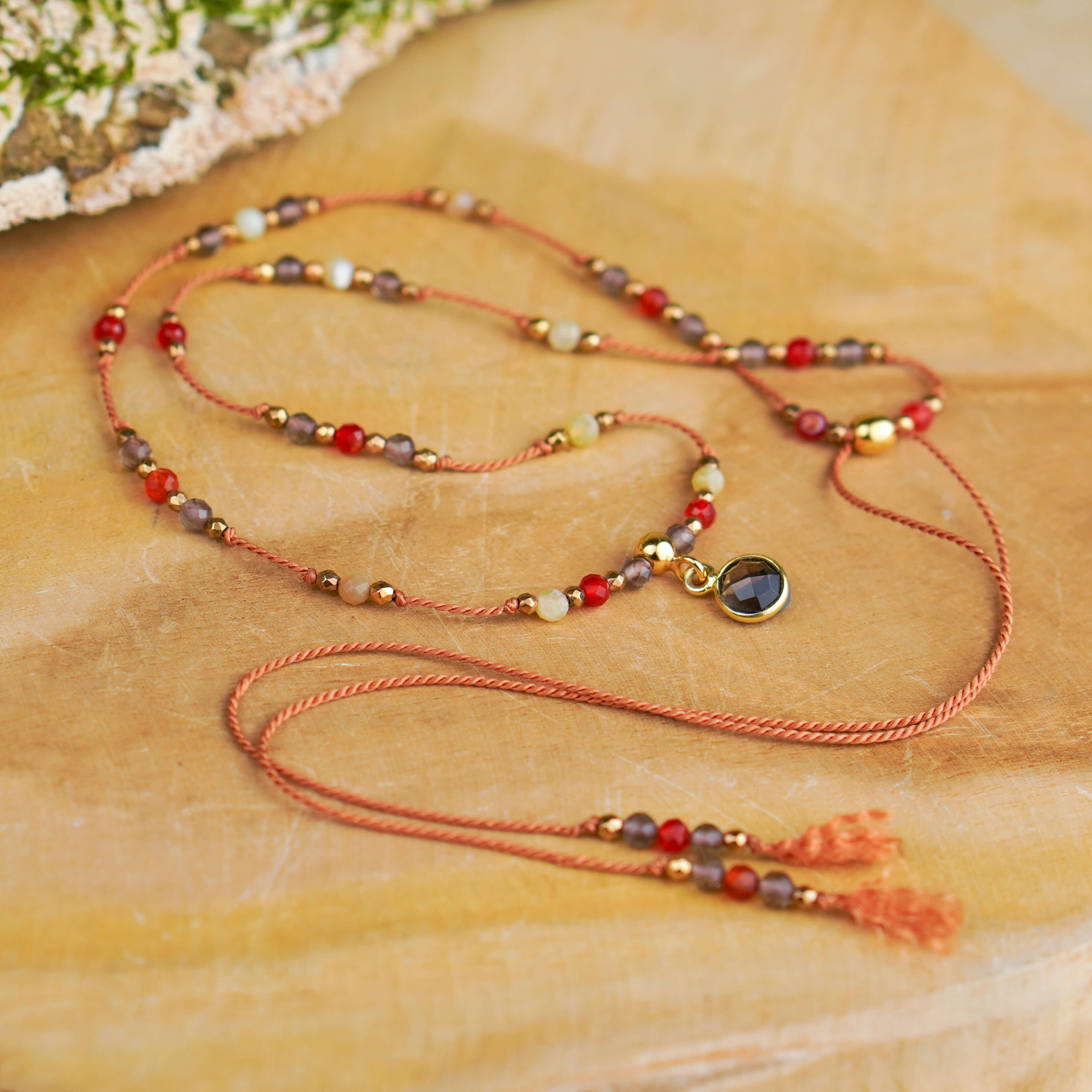 Regulowany naszyjnik z kamieni naturalnych kwarc dymny karneol opal żółty