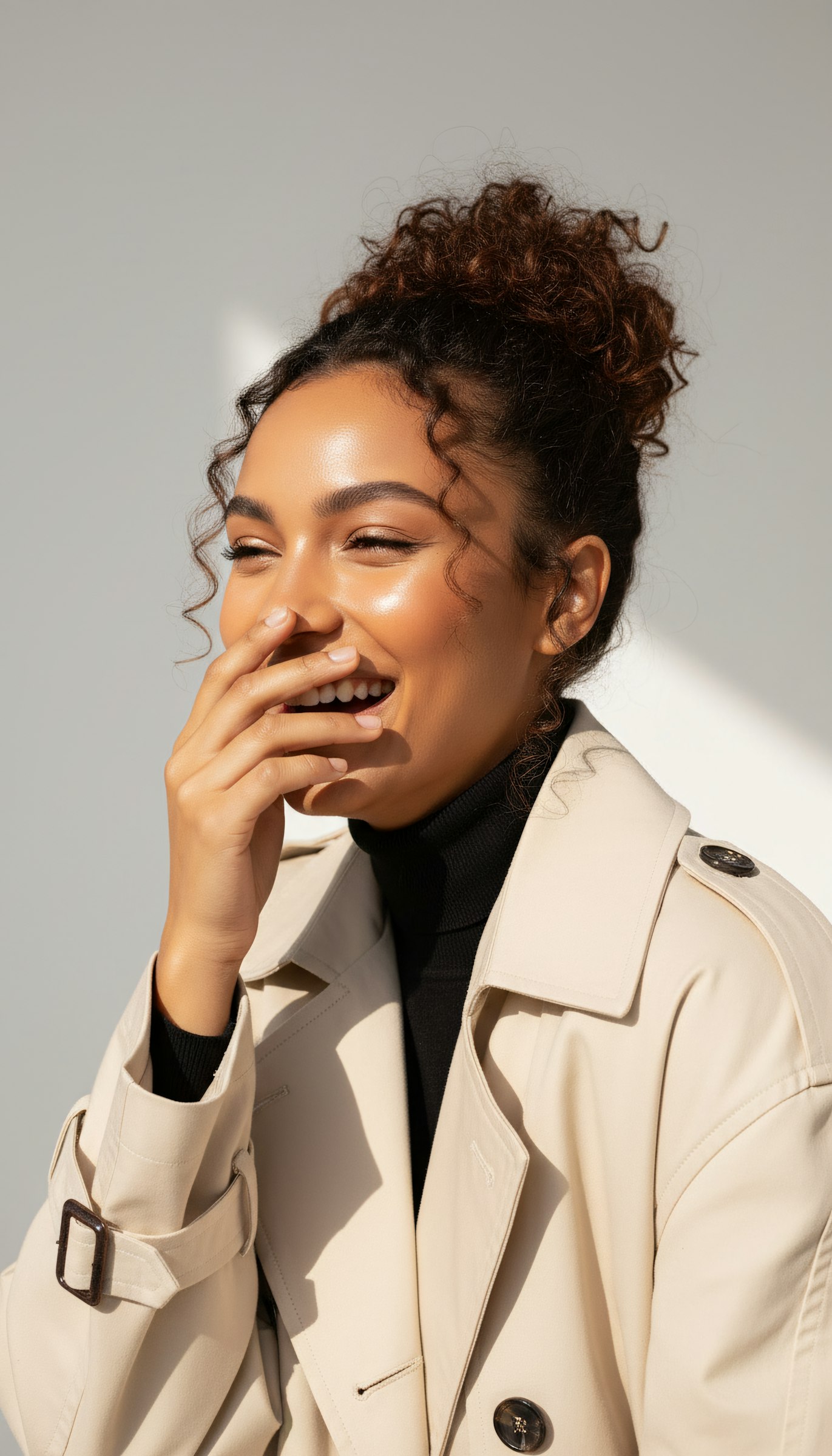 A candid moment of a woman laughing, wearing a beige trench coat and black turtleneck, with natural lighting highlighting her features.