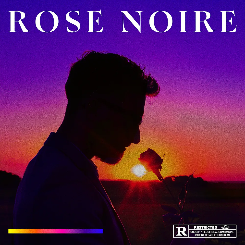 Cover album Rose Noire - silhouette masculine tenant une rose au coucher de soleil sur fond dégradé violet et orange